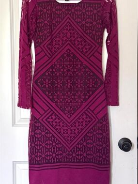 Nicole Magenta and Black Geometric Long-Sleeve Dress